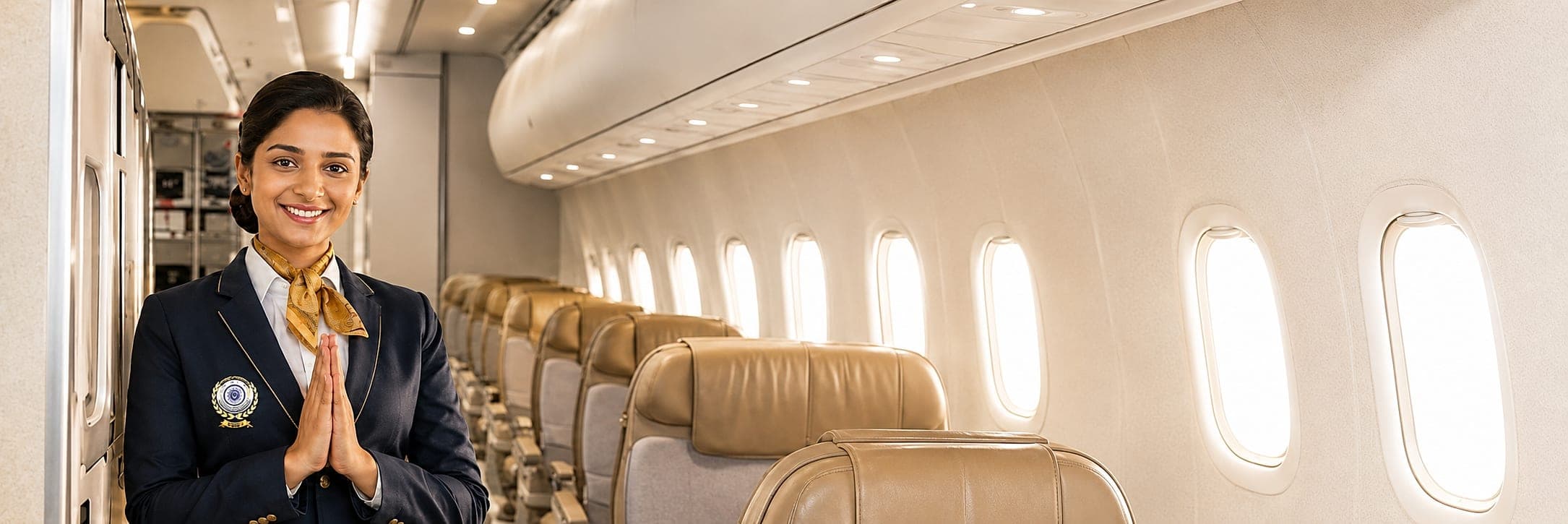 Bhartiya Aviation Services cabin crew welcoming passengers aboard