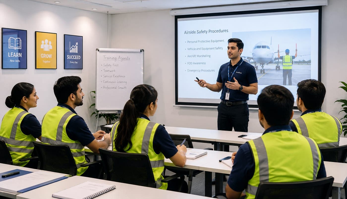 Ramp staff in high-visibility vests at an airside safety briefing